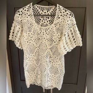 🌼💕 Cream Crochet Floral Lace Top Short Sleeve Boho Cottagecore Feminine M EUC